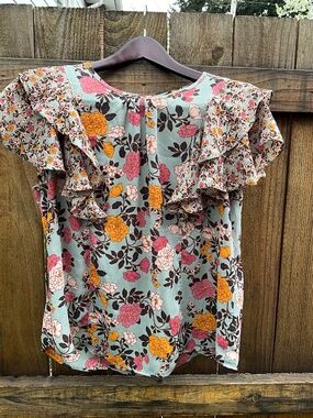 DR2 floral top, L, Polyester, light teal/pink/orange